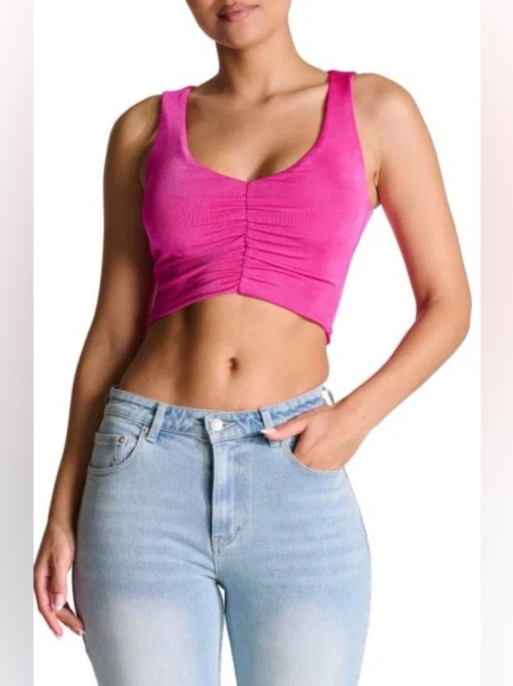 Naked Wardrobe Shirred Crop Top In Pink Orchid
